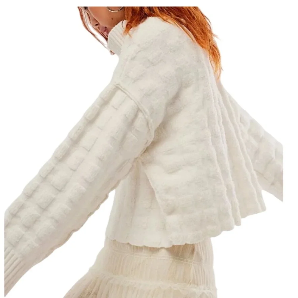 Free People Care FP‎ Soul Searcher Mock Neck Bohemian Sweater Squares Ivory XS
